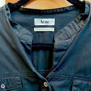 ACNE collarless button down top, black with cotton stretch sleeve. Size XS/S